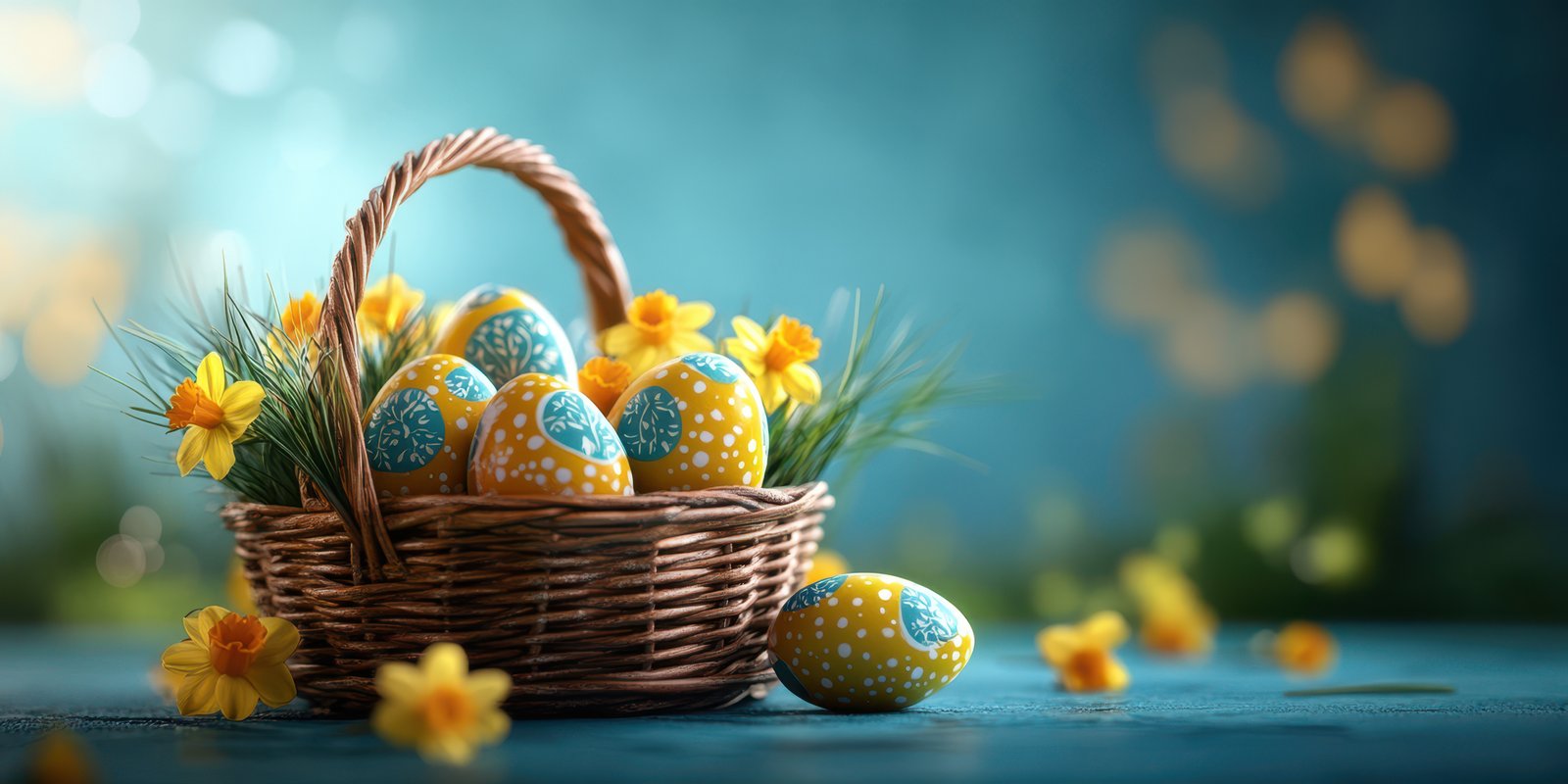 Colorful easter eggs in a basket surrounded by spring flowers in a bright setting